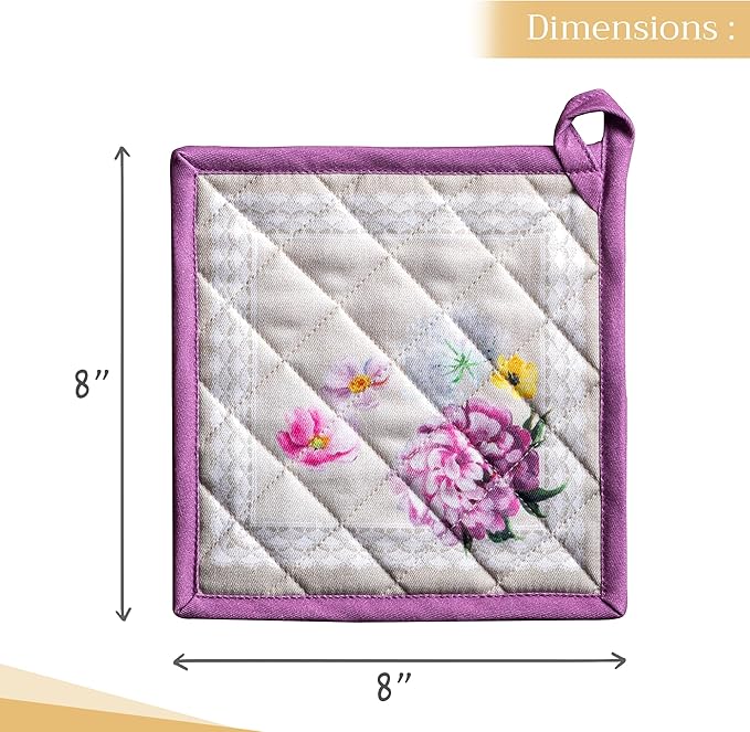Maison d' Hermine Pot Holders Set 100% Cotton Heat Resistant Potholders 8" x 8" Hot Pads with Loop BBQ, Cooking, Baking, Grilling, Kitchen, Handling Hot Pans Spring/Summer (Pack of 2, Pivoine)