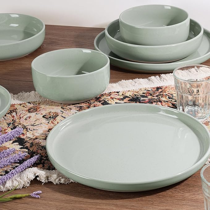 HaWare 16-Piece Plates and Bowls Set for 4, Stoneware Dinnerware Sets with Pasta Bowl, Dishes Set for Home Restaurant, Speckled Asparagus Green