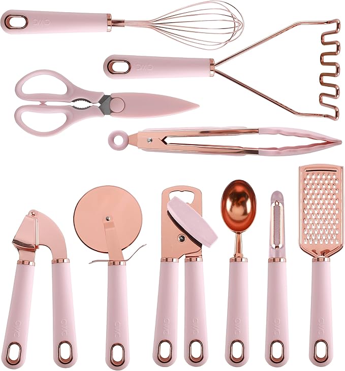 COOK WITH COLOR Kitchen Gadget Set Copper Plated Stainless Steel Utensils with Soft Touch Handles, Copper Pink, 10 Pieces