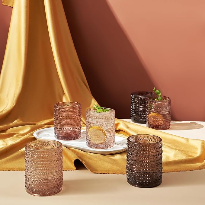 Khen Hobnail Beaded Highball Drinking Tumbler Glasses | Set of 6 | Color, Vintage Bubble Design Whiskey Glassware, Old-Fashioned, Embossed Design for Water, Wine, Cocktail Embossed, Rocks Glass