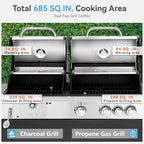 3 Burner Propane Gas and Charcoal Grill Combo with Side Burner & Porcelain-Enameled Cast Iron Grates, 37,000 BTUs 685 SQIN Dual Fuel Outdoor BBQ Grill for Patio Garden Picnic Backyard Barbecue Cooking