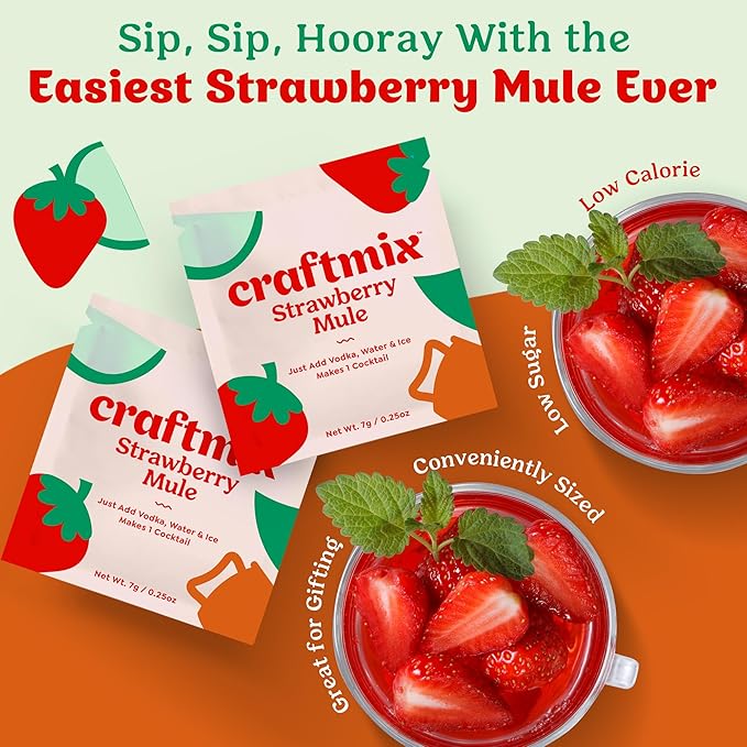 Craftmix Strawberry Mule, Makes 12 Drinks, Skinny Cocktail Mixers Moscow Mule - Mocktail Drink Mixers - Made With Real Fruit - Vegan Low-Carb, Low-Sugar, Non-GMO, Dairy Free, Gluten Free, Easy to Mix