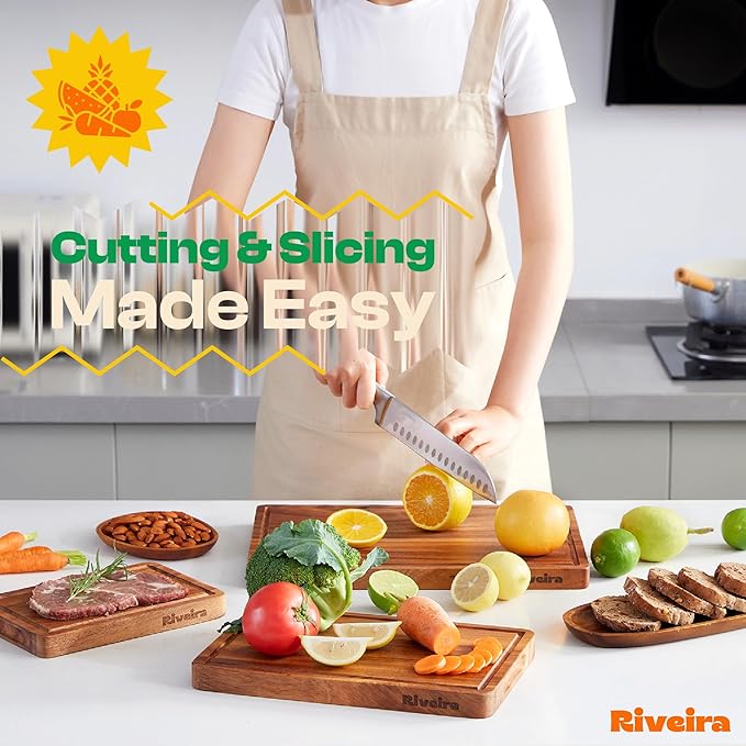 Riveira Walnut Cutting Board Set – Versatile And Durable: Set Of 3 Pcs Rectangular Wooden Cutting Board – Natural Wooden Cutting Boards For Kitchen – Complete Walnut Wooden Chopping Board