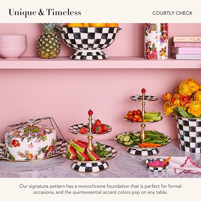 MACKENZIE-CHILDS Enamel Relish Dish, Small Serving Bowl for Entertaining, Black-and-White Courtly Check