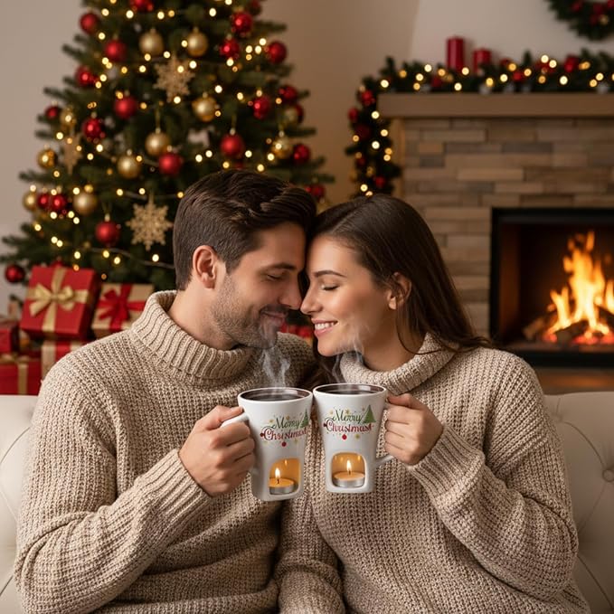 Honeydak Christmas Chocolate Fondue Mug with Fork and 3 Candle Sweet Ceramic Personal Chocolate Melting Cup Ideal Xmas Gifts Birthday Date Night Birthday Wedding Gifts(White,Modern)