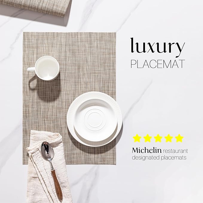 LEXMORE Placemats Set of 8 Vinyl/Plastic Woven Place Mats for Kitchen Table Indoor/Outdoor Washable Placemat Wipeable Dining Table Mats(Caramel)