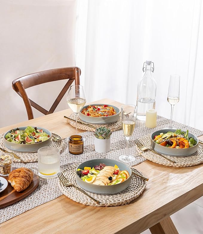 theterra 7.5'' Ceramic Pasta Bowls, Salad Bowls Set of 4, Stoneware Serving Bowls for Fruits, Noodle, Dinner, House-warming Wedding Present, Desert Sage