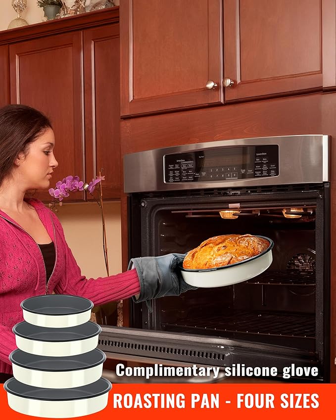 Roasting Pans Set Round Baking Dish 4-Pack 9/10/12/14 Inch Enamel Non-Stick Large Bakeware for Cake Pizza Turkey Roaster, Oven & Dishwasher Safe Christmas Gift for Ladies Cookware