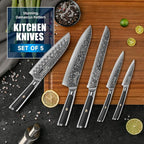 Sunnecko Damascus Kitchen Knife Set 5 Piece, Sharp Chef Knife Set Professional Kitchen Knives Sets Full Tang with Gift Box