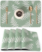 QIYI Placemats Set of 4, 12x18 Inch PU Leather Place Mats for Kitchen Dinning, Heat Resistant Anti Slip Green White Table Mats, Waterproof Wipeable Washable Placemat Party Table Décor, Fern Leaves