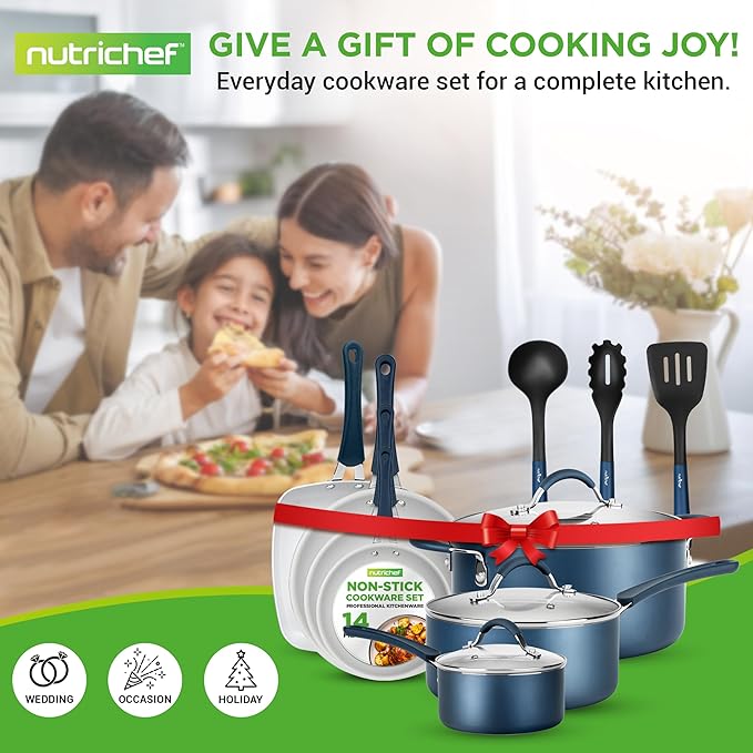NutriChef 14-Piece Navy Blue Nonstick Cookware Set - Durable Pots and Pans Set with Lids & Utensils, Compatible with All Cooktops