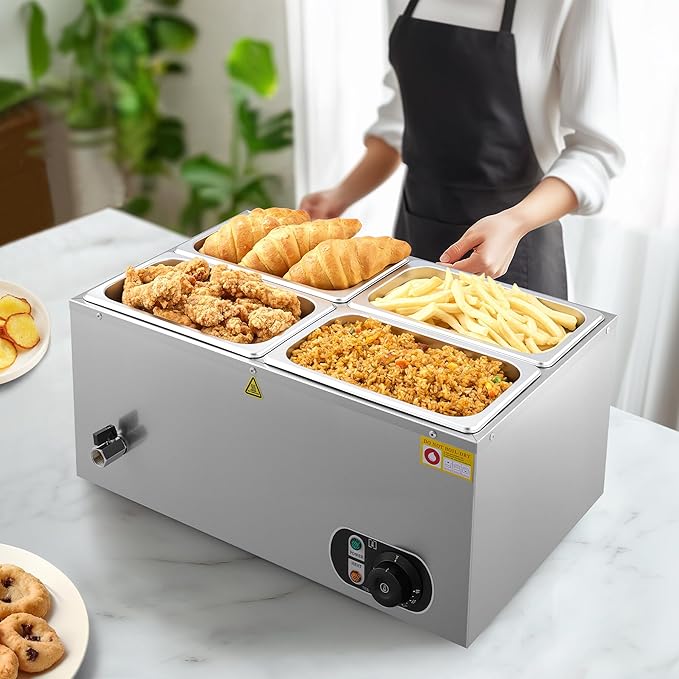 WILPREP Commercial Food Warmer with Four 1/4 Pans, 1500W Countertop Electric Steam Table, 86-185°F Adjustable Temp Control & Over-Temp Protection, Stainless Steel Buffet Bain Marie