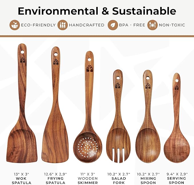 Wooden Spoons for Cooking – Wooden Kitchen Utensils Set, 6 Pcs Teak Wood Utensil Set – Comfortable Grip Non–Stick Wooden Cooking Utensils - Kitchen Gifts for Women Men, Cooking Gifts for Men Women