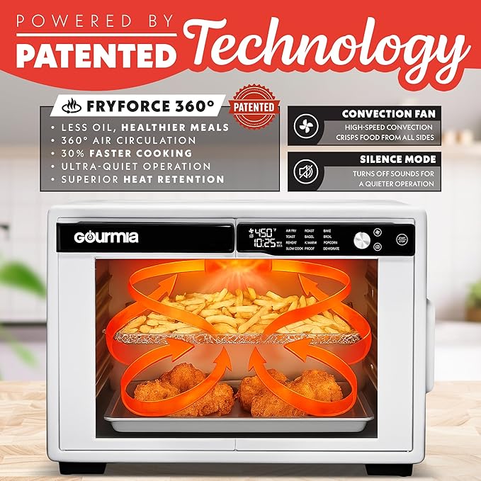 Gourmia French Door Digital Air Fryer Oven - 25-Quart XL Capacity, 12 Presets, Touchscreen, FryForce 360° Tech, Dehydrate, Proof, Slow Cook, Fits 13” Pizza, 1700W, White