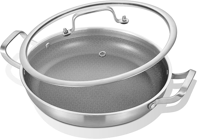 Inqibee 12-Inch Hybrid Tri-Ply Stainless Steel Non Stick Paella Pan with Lid,Stir Fry Pan,Omelet Pan,Large Skillet,Induction Cooking Pan,Dishwasher and Oven Safe.