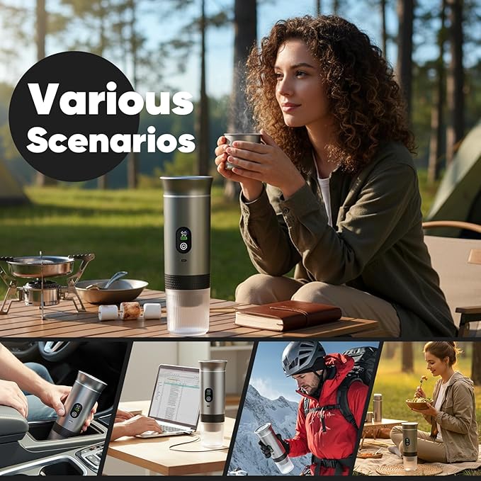 Portable 3-in-1 Espresso Coffee Maker, Self-Heating & Rechargeable with Smart Display — Works with Ground Coffee, Small & Large Capsules; Travel & Camping Mini Machine, 20-Bar Extraction, 60 ml Cup