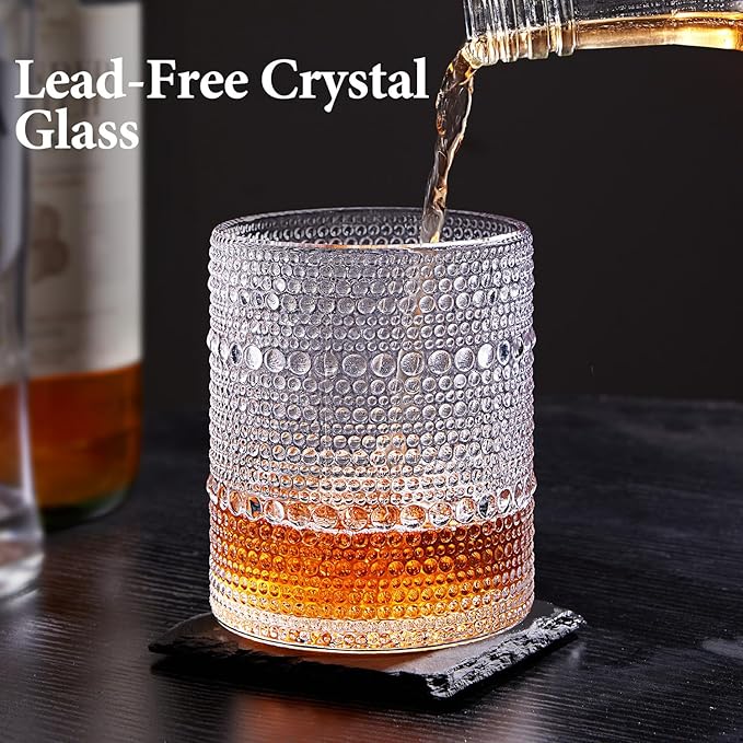 Hobnail Drinking Glasses Set of 8, 4pcs 15oz Highball Glasses & 4pcs 12oz Clear Glass Cups,Kitchen Bar Vintage Embossed Glassware Sets for Whiskey,Cocktail,mocktails,Wine, Water & Juice Drinkware