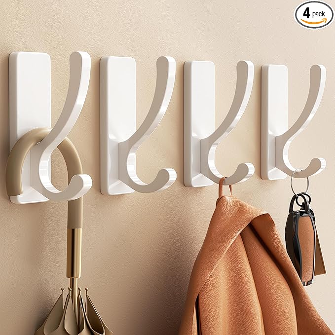 Adhesive Wall Hooks for Towels Coats - Stick On Hooks Hanging Heavy Duty (13lb), Metal Hook for Door, Bathroom, Dorm, Closet - Hanger for Purse, Bag, Robe,Backpack - No Damage to Wall - White 4 Pack