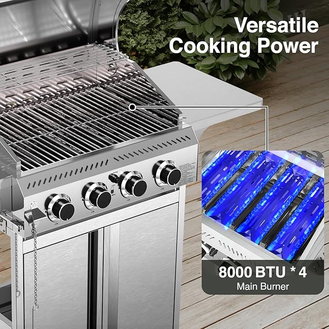 4-Burner Propane Gas Grill with 304 Stainless Steel Cooking Grid, Hanging Hooks/Heat-Resistant Handle, 32000BTU Stainless Steel Outdoor BBQ Grill with Portable Wheels for Camping/Patio/Backyard