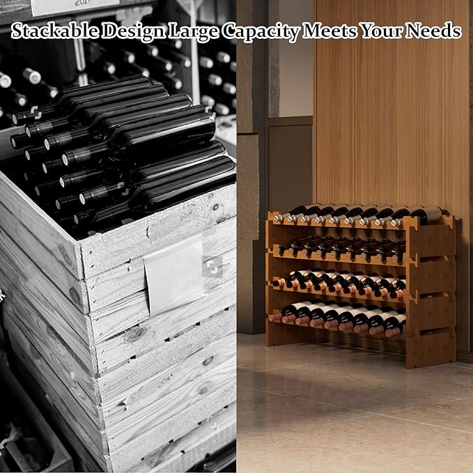 Bambloom Wine Rack Freestanding Floor, Stackable Wine Bottle Storage, Wooden Free Standing Wine Stand Organizer for Kitchen,Cellar. 36 Bottles Wine Holder Display Shelves for Champagne (Walnut)