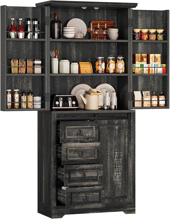 DWVO Kitchen Pantry Storage Cabinet with Barn Door, Tall Storage Cabinet with 4 Drawers and Adjustable Shelves, Versatile Storage for Living Room, Dining Room or Hallway, Drak Oak