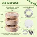 2 Tier Bamboo Steamer- 10" Baskets With Handle, Silicone Liner, Adapter, Molder Press For Cooking Vegetables Dumpling Press & Dough Cutter for Steaming Chinese Asian Food & Bao Bun, Dim Sum Potsticker