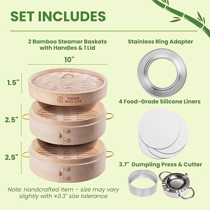 2 Tier Bamboo Steamer- 10" Baskets With Handle, Silicone Liner, Adapter, Molder Press For Cooking Vegetables Dumpling Press & Dough Cutter for Steaming Chinese Asian Food & Bao Bun, Dim Sum Potsticker