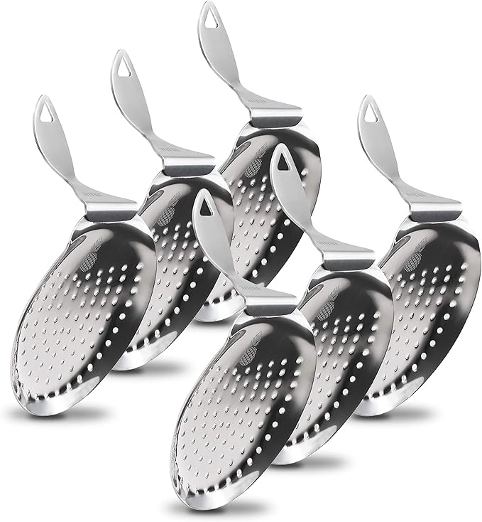 Bent Handle Julep Strainer - Stainless Steel Commercial Cocktail Strainer Piña Barware (6 Strainers/Commercial Bar Pack, Polished Finish)