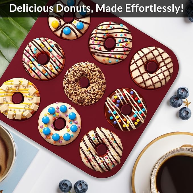 Large Silicone Donut Pan for Baking, 9 Cavity Non-Stick Food Grade Silicone Donut Molds, Doughnut Pan and Bagel Pans for Baking & Kitchen, BPA Free 11.2 x 11.1 Inches, Dishwasher Safe - Red