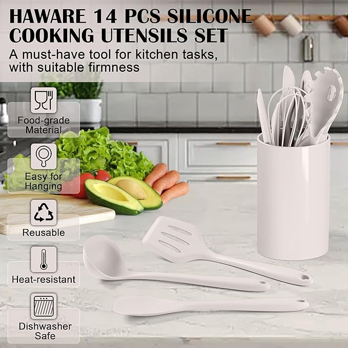 HaWare Kitchen Utensils, 14 PCS Silicone Cooking Utensils Set, Heat Resistant Kitchen Utensils for Non-stick Cookware, Kitchen Gadgets Tools with Spoons, Spatulas, Whisk, Dishwasher Safe (Khaki)