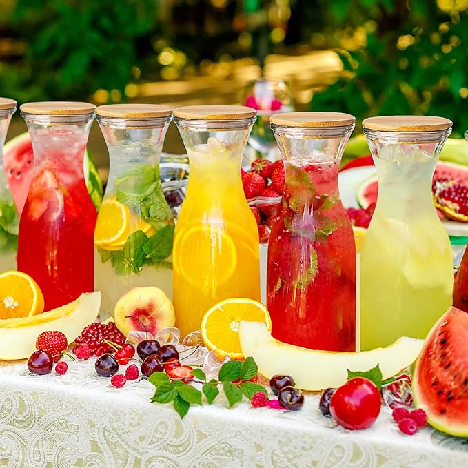Set of 4 Circular Glass Carafe, 1 Liter Beverage Serveware Carafe with Bamboo Lid, Water Bottles, Clear Glass Pitchers for Mimosa Bar, Milk, Juice, Lemonade(4 Bottles)