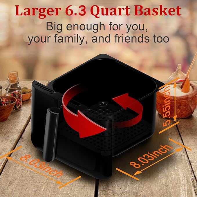 6.3QT Air Fryer Oven with LED Digital Touchscreen, 12 Preset Cooking Functions Air fryers, Bake, Reheat, Keep Warm, Nonstick and Dishwasher-Safe Basket, Stainless Steel/Black