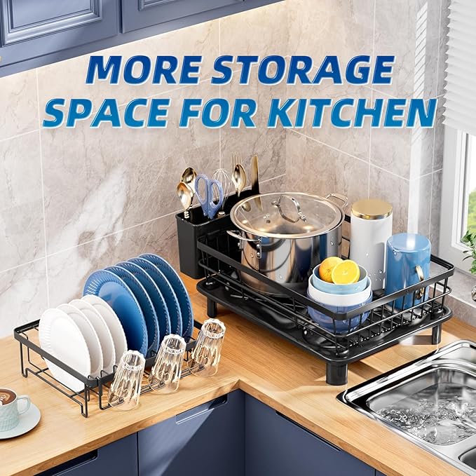 2 Tiers Dish Drying Rack, Space-Saving Dish Racks for Kitchen Counter, Dish Drainer Drying Rack with Drainboard, Utensil Holder Cups Holder Plate Rack and Automatic Drainage Drainboard, Black