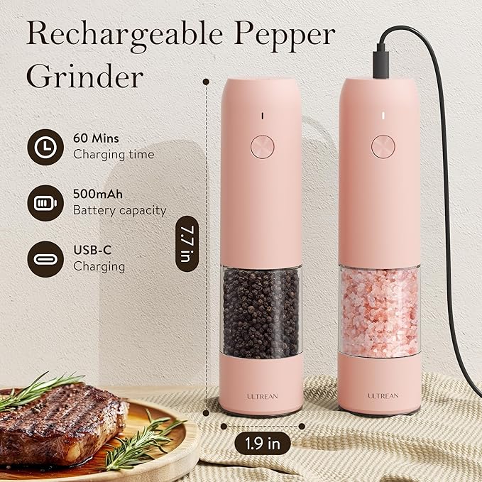 Ultrean Electric Pepper Grinder, Rechargeable Salt and Pepper Grinder with 6 Adjustable Coarseness, LED Light, One-Hand Automatic Operation, Pink