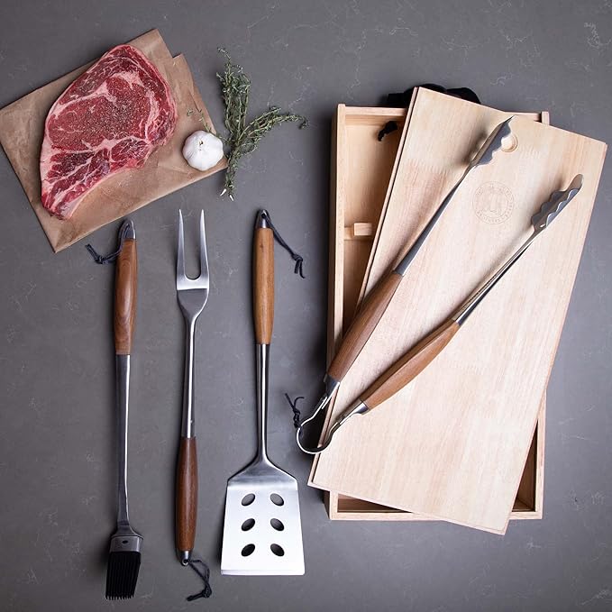 Schmidt Brothers - BBQ Bonded Teak 4 Piece Grilling Accessory Set, Full-Forged Stainless Steel Grilling Utensils Including Spatula, Fork, Basting Brush, and Tongs with All Wood Handles