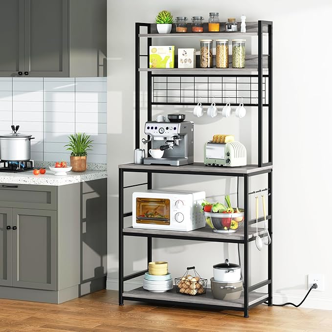 Shintenchi Bakers Rack with Power Outlet, Large Storage Space, 10 Hooks Coffee Bar with Metal Wire Panel, High Microwave Stand, Classic Kitchen Storage Shelf Design, Grey