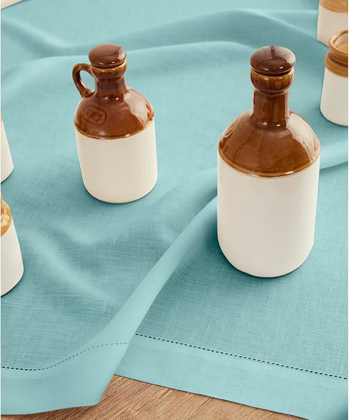Solino Home Linen Square Tablecloth 52 x 52 Inch - 100% Pure Linen Aqua Blue Table Throw - Classic Hemstitch, Machine Washable Table Cloth for Summer