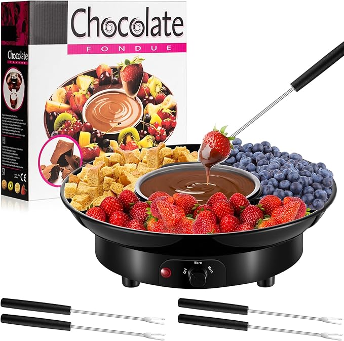 Lallisa Electric Fondue Pot Set, Chocolate Fondue Kit, Electric Fondue Maker, detachable Serving Trays with 4 Roasting Forks, gift Set for Date Night House Warming Melting Parties(Black)