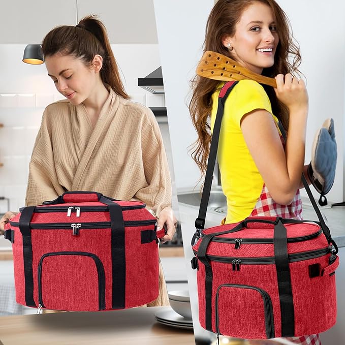 Double-Layer Slow Cooker Carrying Bag for 6-8 Quart CrockPot and Hamlton Beach Slow Cooker, Travel Bag with Lid Fastener for Crock-pot, Portable Carrier Case Slow Cooker Bag with See-thought Window