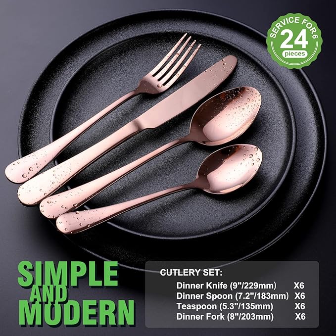 Copper/Rose Gold Silverware Set, OGORI 24-Piece Stainless Steel Flatware Set, Service of 6