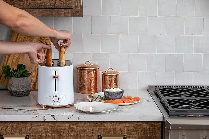 Café Express Finish 2-Slice Toaster | Extra-Wide Slots, Extra Lift for Waffles, Pastries, Texas Toast & More | 4 Pre-Set Functions, 8 Shade Options | Countertop Kitchen Essentials | Matte White