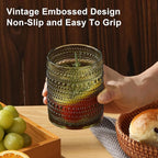 Vintage Glassware Drinking Glasses Set of 12,Green 12oz & 15oz Hobnail Glass Cups,Embossed Water Tumbler,for Beer,Cocktail,Whiskey,Juice and Various Mixed Drinks- 1 Cleaning Brush