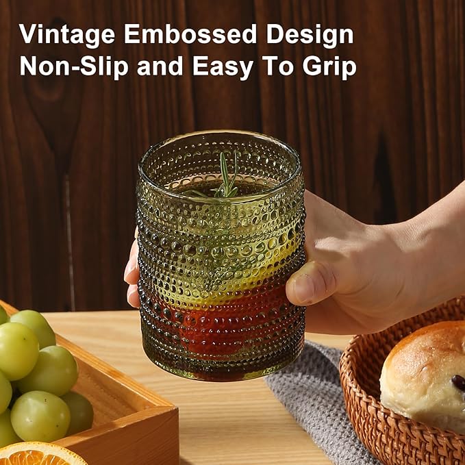 Vintage Glassware Drinking Glasses Set of 12,Green 12oz & 15oz Hobnail Glass Cups,Embossed Water Tumbler,for Beer,Cocktail,Whiskey,Juice and Various Mixed Drinks- 1 Cleaning Brush
