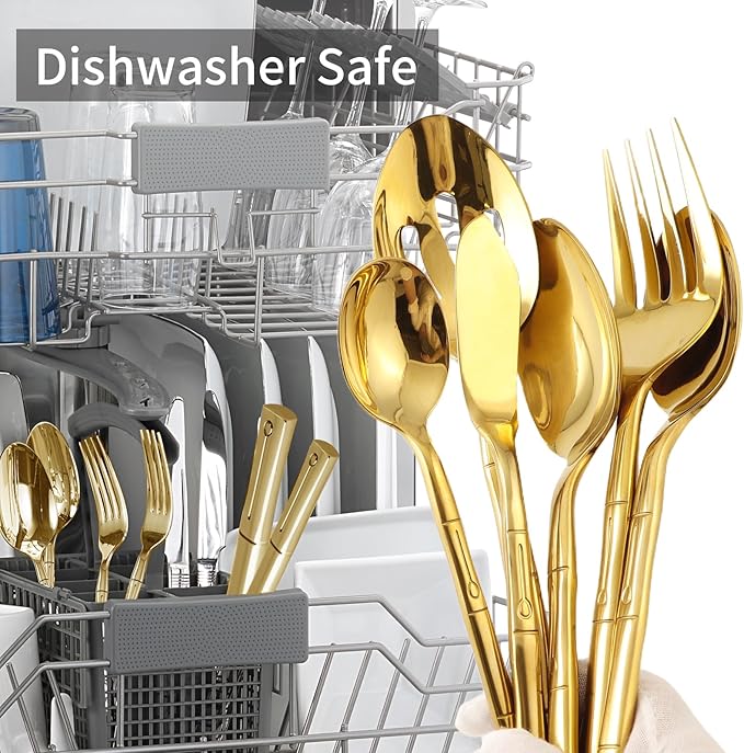 Silverware Serving Set Gold Flatware Set Stainless Steel Bamboo Handle Cutlery Set Mirror Polished 45 Pieces for Home Kitchen Restaurant Hotel Wedding Housewarming Gift Service for 8