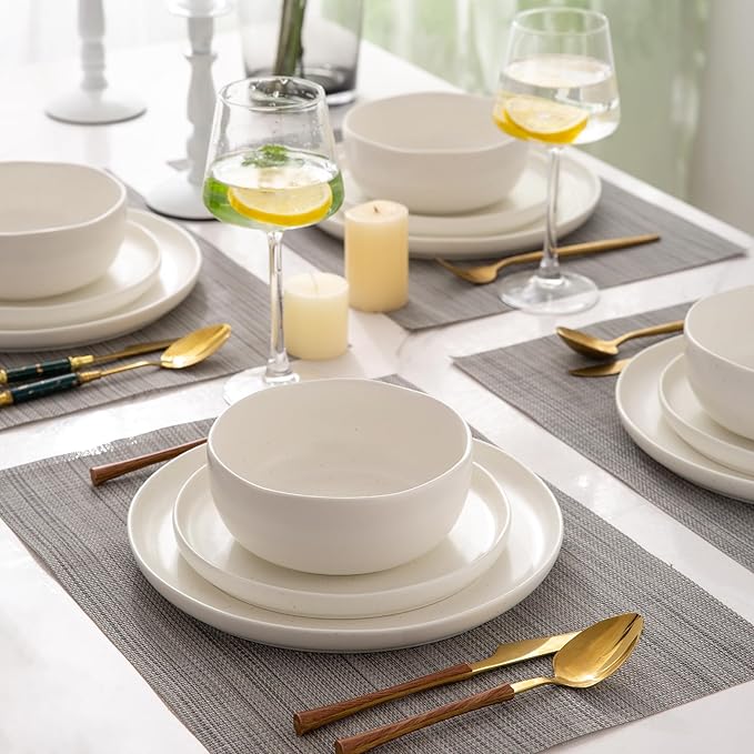AmorArc Ceramic Dinnerware Sets, Wavy Rim Stoneware Plates and Bowls Sets,Highly Chip and Crack Resistant | Dishwasher & Microwave & Oven Safe Dishes set, Service for 8 (24pc)-Matte Speckled White