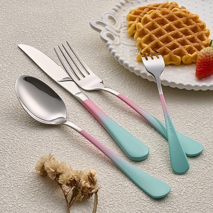 20-Pieces color Silverware Sets for 4,Pink and Green Handle Stainless Steel Cutlery Set, Include Forks Spoons and Knives Set, Dishwasher Safe Utensil Sets for Home Restaurant