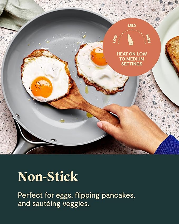 Caraway Ceramic Nonstick Fry Pan Set with Glass Lids – Includes Two 10.5” Fry Pans, One 8” Fry Pan, & Three Lids - Non Toxic, PTFE & PFOA Free - Oven Safe & Compatible with All Stovetops - Gray