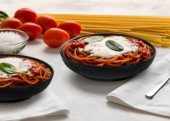 KooK Pasta Bowls Set of 6, Salad Bowl, Large, Ceramic, Microwave and Dishwasher Safe, Great for Soups and Salads, Shallow Serving Bowls, Glossy Porcelain, 32 oz, (Black)