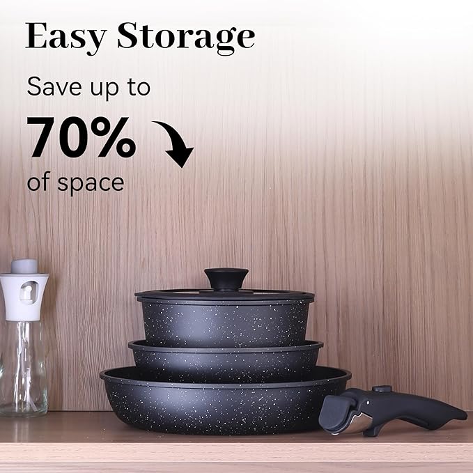 5PCS Pots and Pans Set Non Stick, Kitchen Cookware Sets with Detachable Handle, Ceramic Cookware Sets, Non Stick RV Cookware Cooking Set, Dishwasher ＆ Oven Safe, PFOA Free, Black