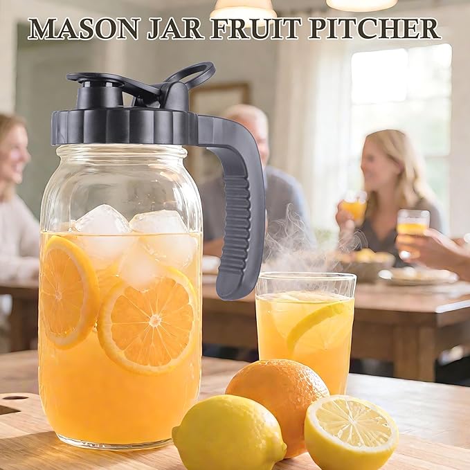 64 Oz Glass Mason Jar Pitcher With Lid 2 Quart Wide Mouth Cold Hot Water Pitcher Half Gallon Sun Tea Coffee Jug For Fridge Lemonade, Milk,Juice, Cold Brew Coffee Iced Tea Container Leakproof 2 Set